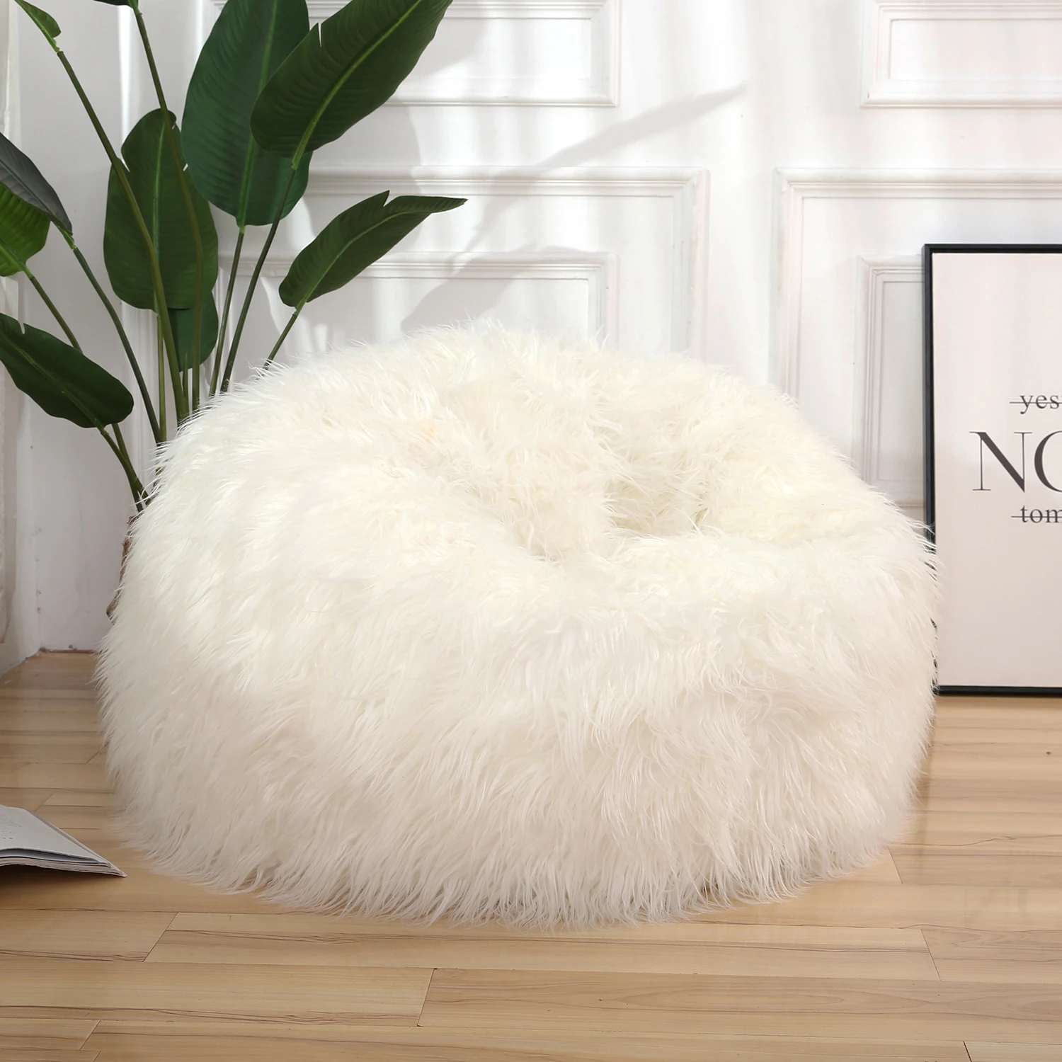 Relaxing Bean Bag Chair Cover Hot Sale Fluffy Faux Fur White Puff Sofa Bed, Tatami(Without filler)