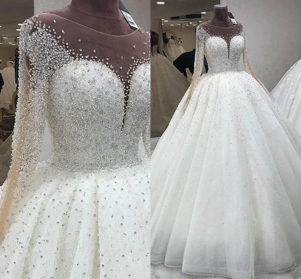 

Luxury Beads Crystal Wedding Dresses 2025 Long Sleeves Scoop Sheer Neck Custom Made Bridal Gown vestido de novia mariage