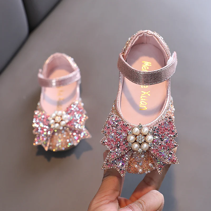 AINYFU New Spring Children Leather Shoes Girls Princess Sandals Rhinestone Bow Single Shoes Baby Flats Performance Dance Shoes