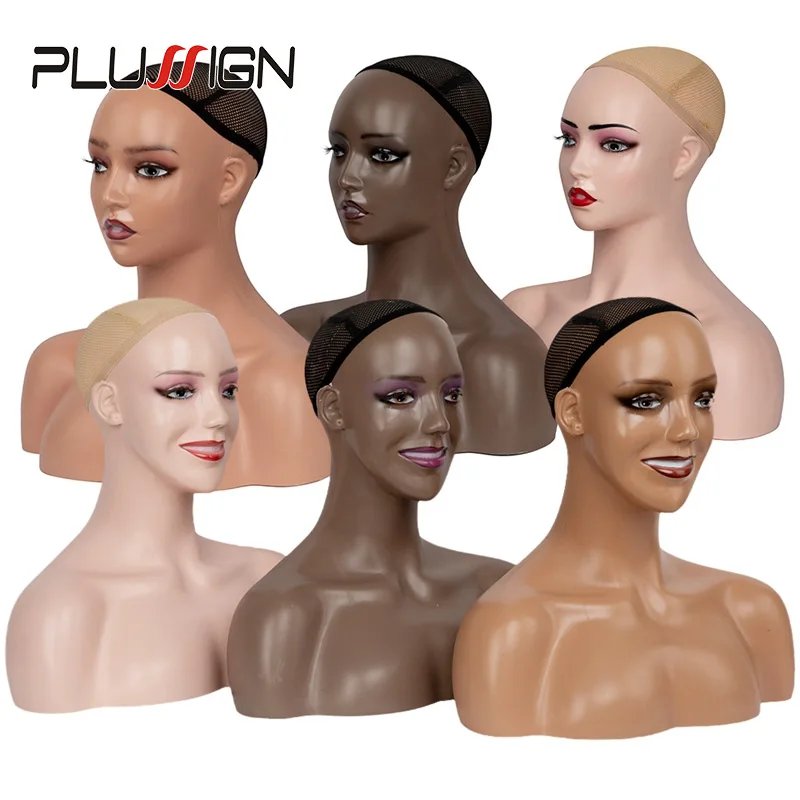 

Plussign Wig Display Stand Dark Brown Beige Color Mannequin Head With Ear Holes Smiling Face Mannequin Head With Shoulders