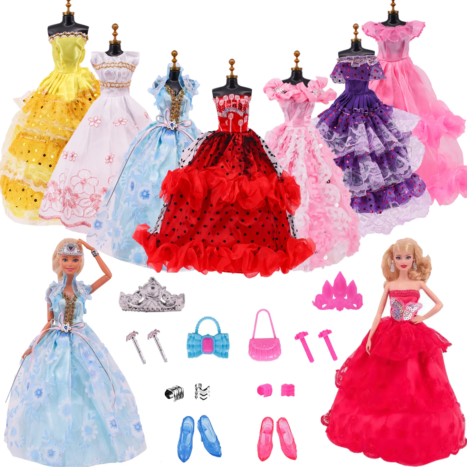 2023 Latest Dress Barbies Gowns+Jewelry+Shoes 5Pcs Handmade Clothes Suitable For 30cm Doll Accessories Diy Gift Free Gift Random