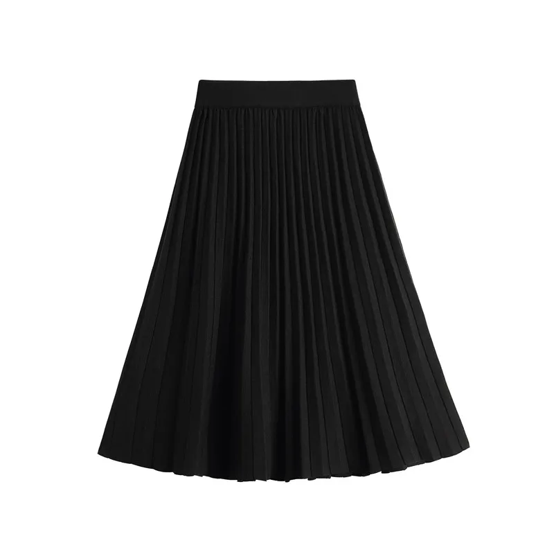 Women Skirt Knitted Midi Skirt Black A-line High Waist Pleated Skirt Elegant Skirt Spring Autumn Winter faldas femme jupes