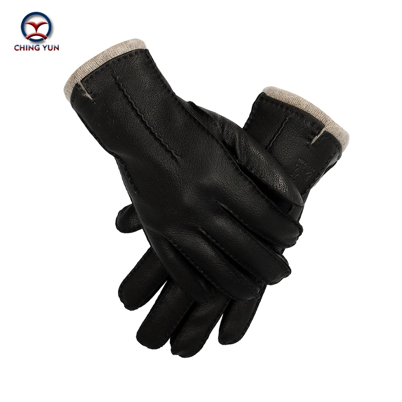 hand-stitched deerskin gloves men warm soft men\'s black corrugated gloves 70% wool lining warm in autumn and winter man mitten