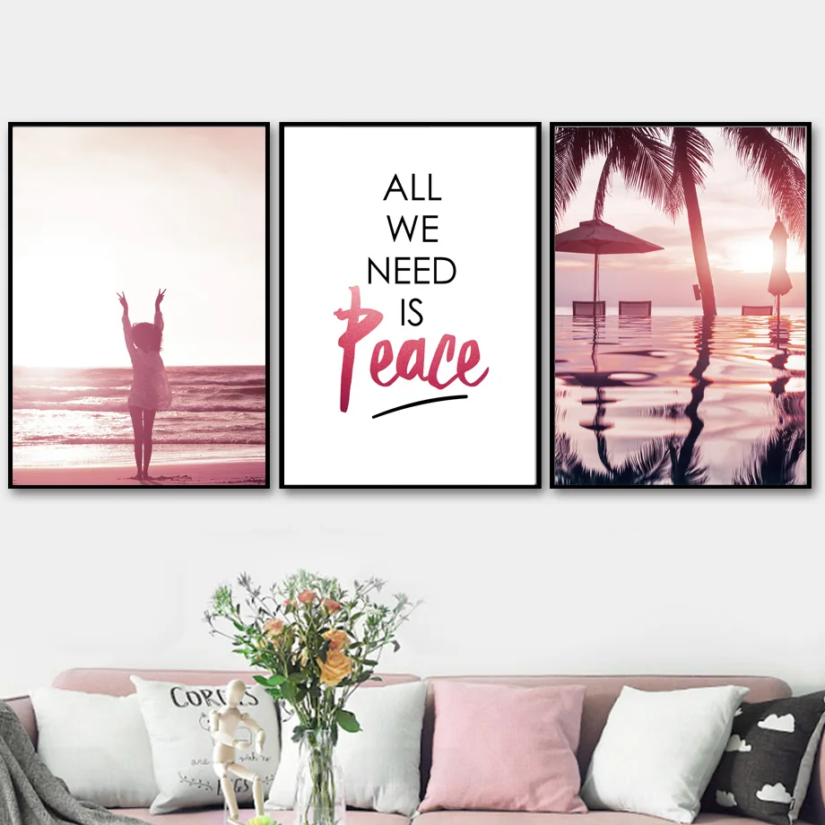 Cuadro sobre lienzo para pared con citas de palmera y flamenco de niña de playa rosa, carteles nórdicos e impresiones, imágenes de pared para decoración para sala de estar