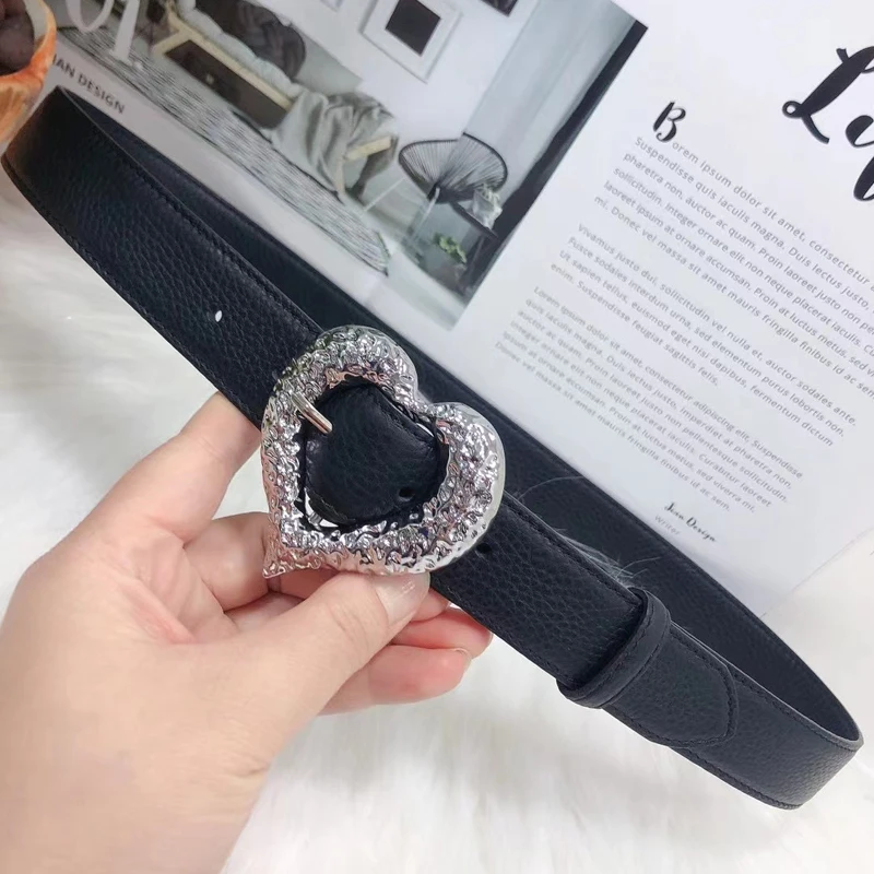 Hammer pattern heart-shaped pin buckle top layer cowhide belt leather ladies belt hip hop lily pattern silver buckle belt