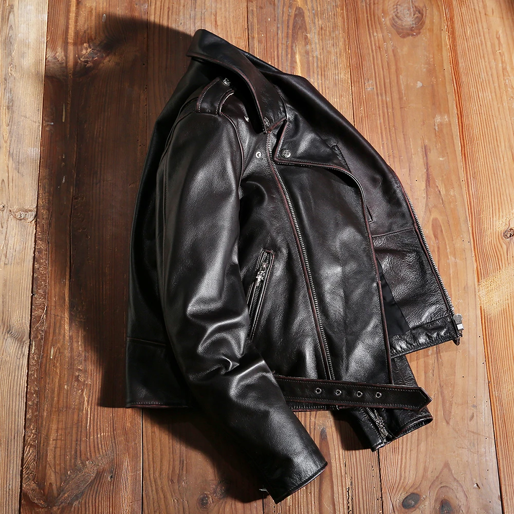 Black Autumn Leather Jacket Men Vintage Style Plus Size 3XL Genuine Natural Cowhide Turn-Down Collar Diagonal Zipper Coat