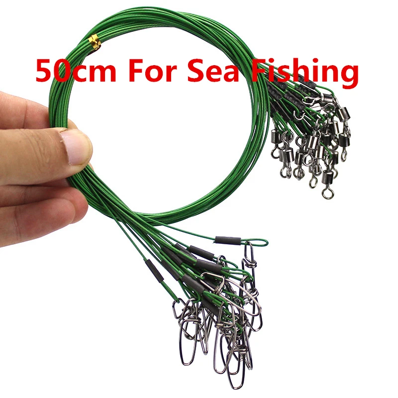 Lot 10pcs 50cm 125LB Anti-bite Fishing Wire Line Leader Swivel Stainless Steel Rolling Swivels For Deep See Fishing