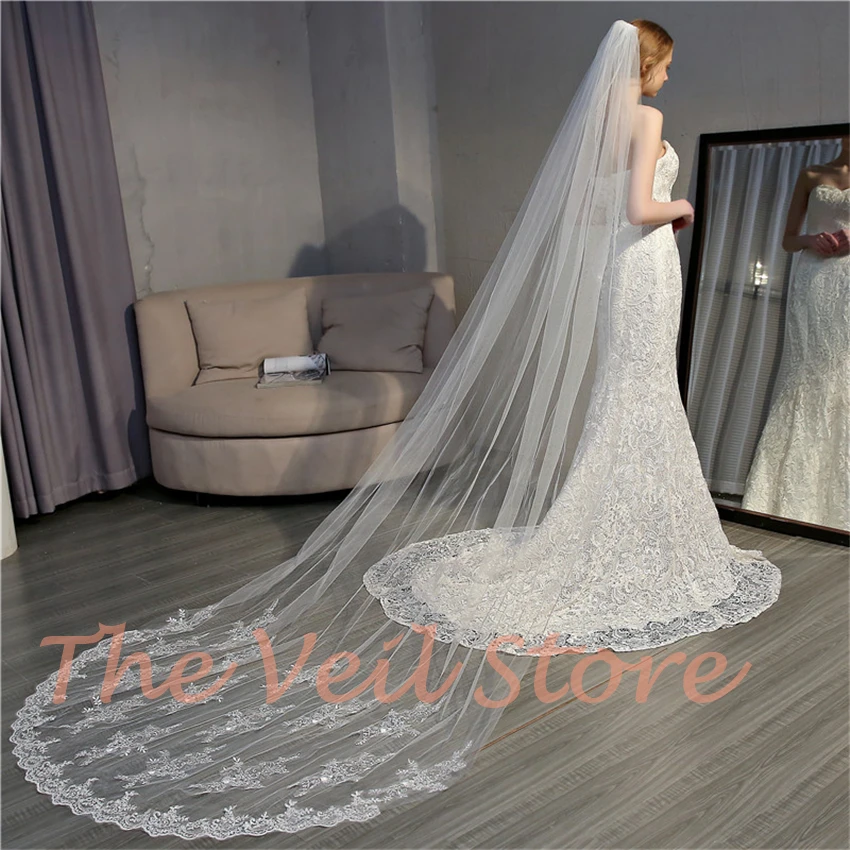 Ivory Cathedral Bridal Wedding Veils Long Appliques Tulle Veil with comb Voile de mariee mariage Longue Beige Velos de Novia