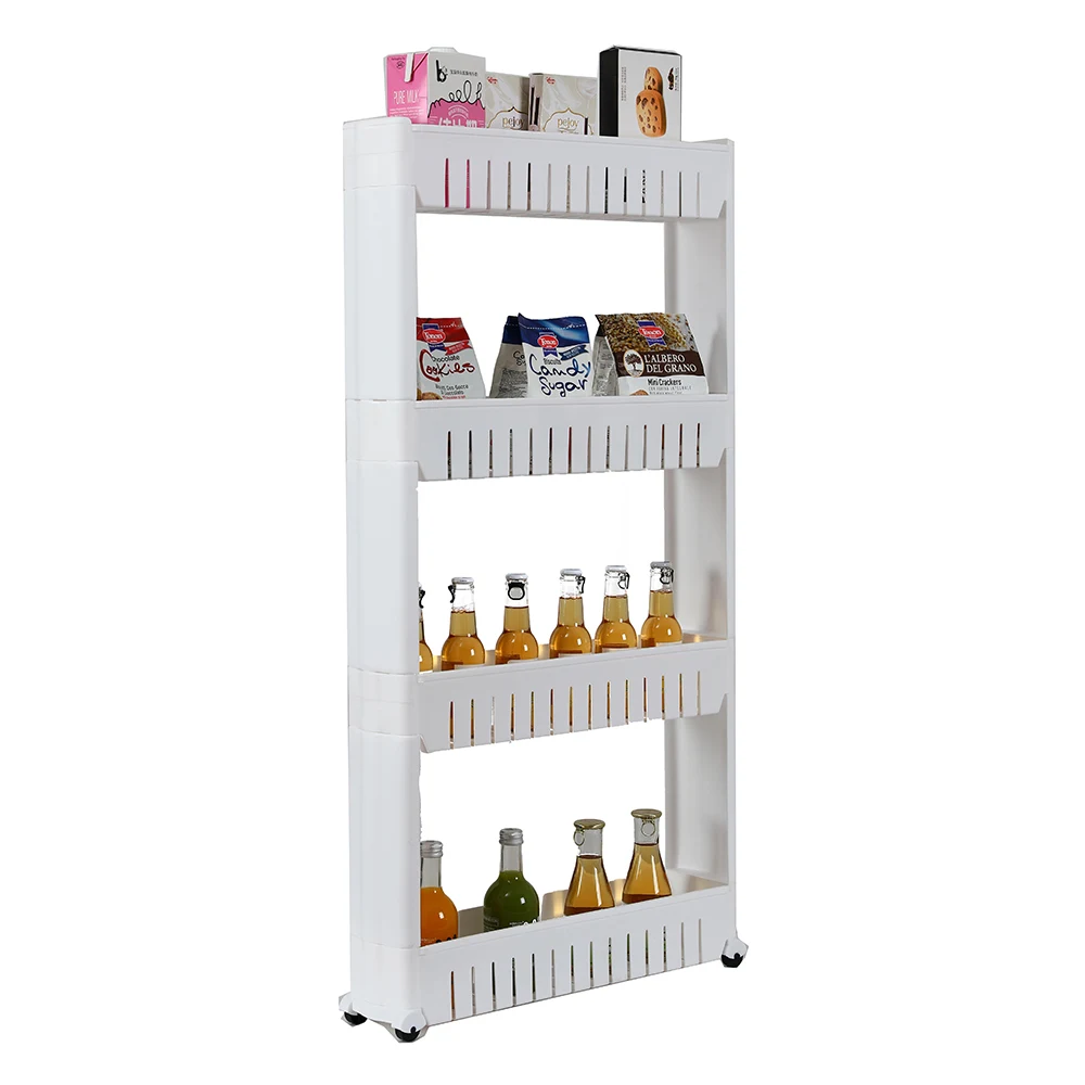 4 Layer Plastic Narrow Storage Rack Slim Cart Shelf Safety Nontoxic and High Temperature Resistant White 54.5x12.5x102CM[US-W]