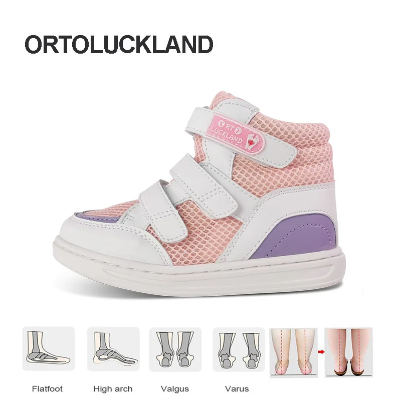 Ortoluckland Girls Sneakers Spring Childen Ankle Rubber Boots Kids Mesh Orthopedic Running Shoes For Toddler's Flatfeet 2 to 12Y