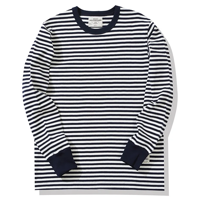 Ok0202 280G Men T-Shirt Cotton Heavy Weight Classic Fashion Simple Blue Pinstripe Long Sleeve Round Neck Color Match Thick Tee