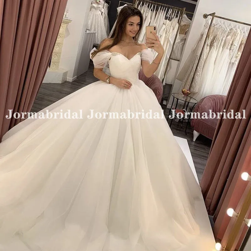 Vestidos de novia de tul champán claro, corsé con hombros descubiertos, espalda elegante con diamantes de imitación, vestido de novia blanco, 2021