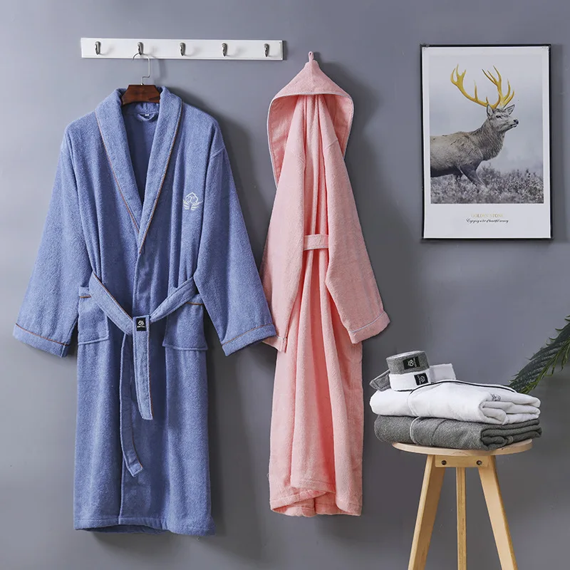 Star Hotel Women 100% Cotton Towel Bathrobe Winter Warm Kimono Bath Robes Bride Long Terry Dressing Gown Men Sleepwear