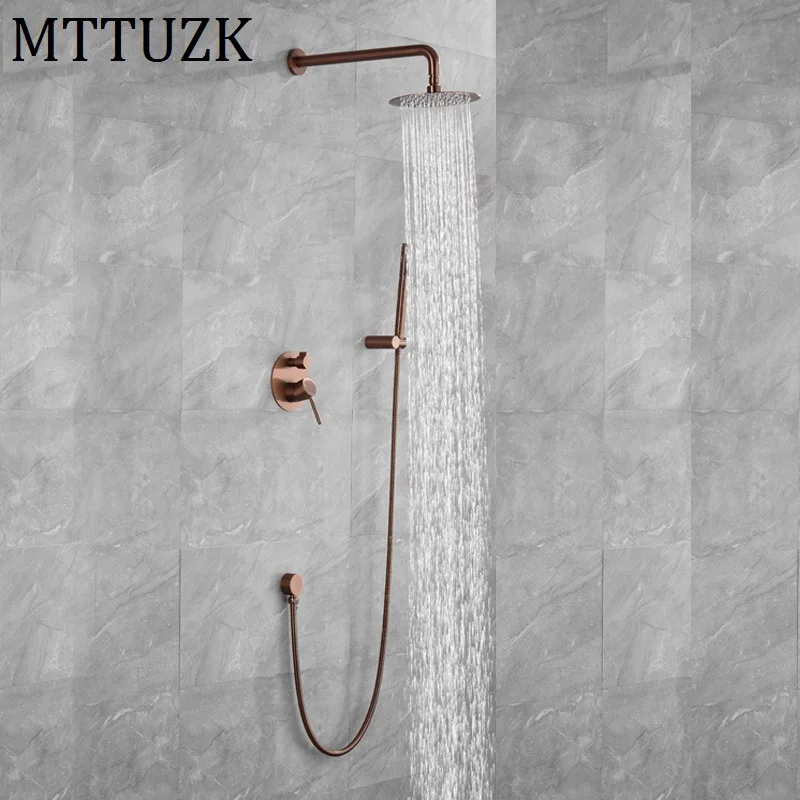 

MTTUZK Brass Brushed Rose Gold Rain Shower Fuacet Set Matt Gold Shower Faucet Shower Arm Diverter Mixer Tap Handheld Spray Set