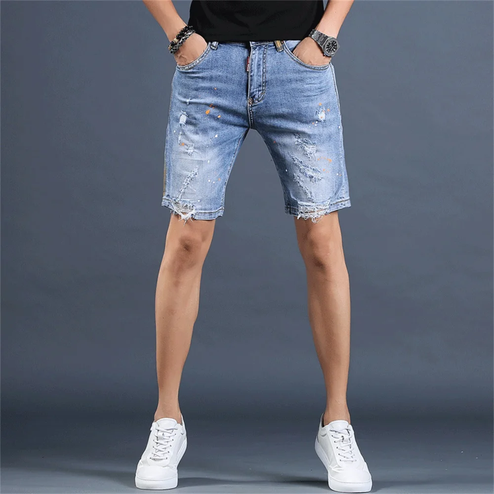 EH·MD®Scratch Denim Shorts Men's Hole Five-Point Pants Pure Cotton Slim Retro Spray Paint White 2020 New Breathable Soft Stretch