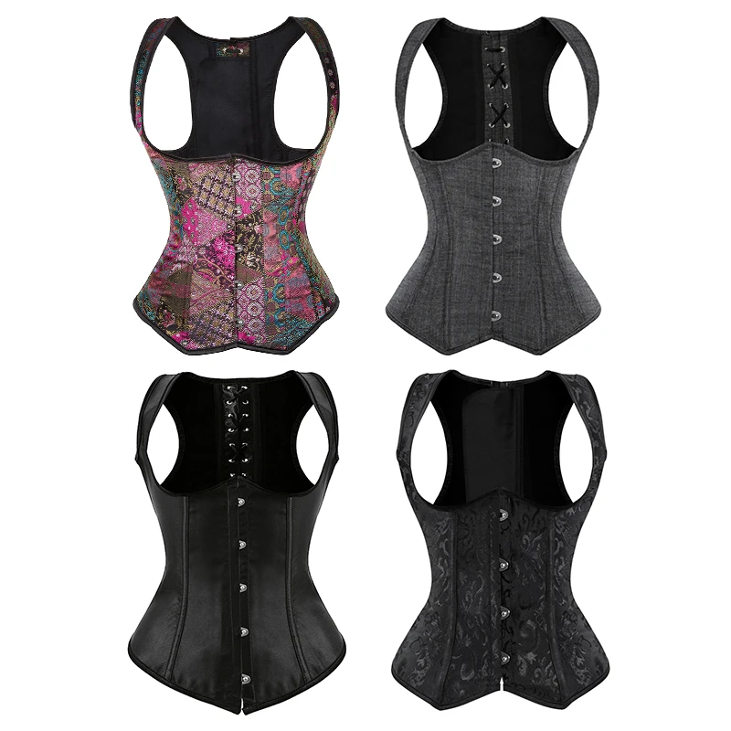 Steel Boned Corset Plus Size Underbust Corset Shoulder Straps Gothic Corset Vest Steampunk Corselet Black Purple