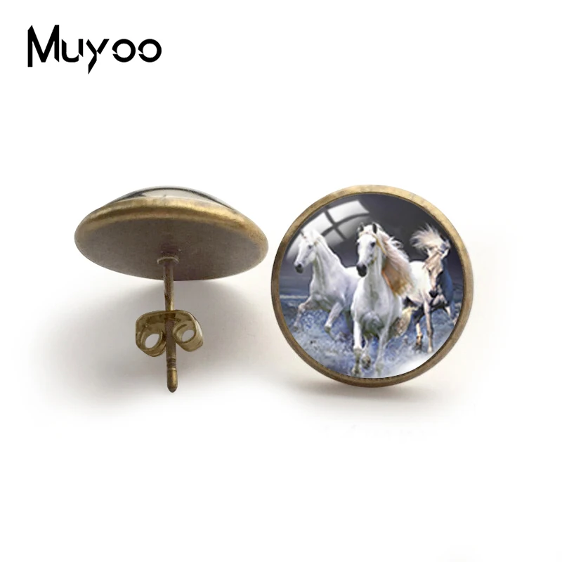 2021 New Running Horse Stud Earring Oil Painting Round Earrings Glass Dome Jewelry Gifts Women