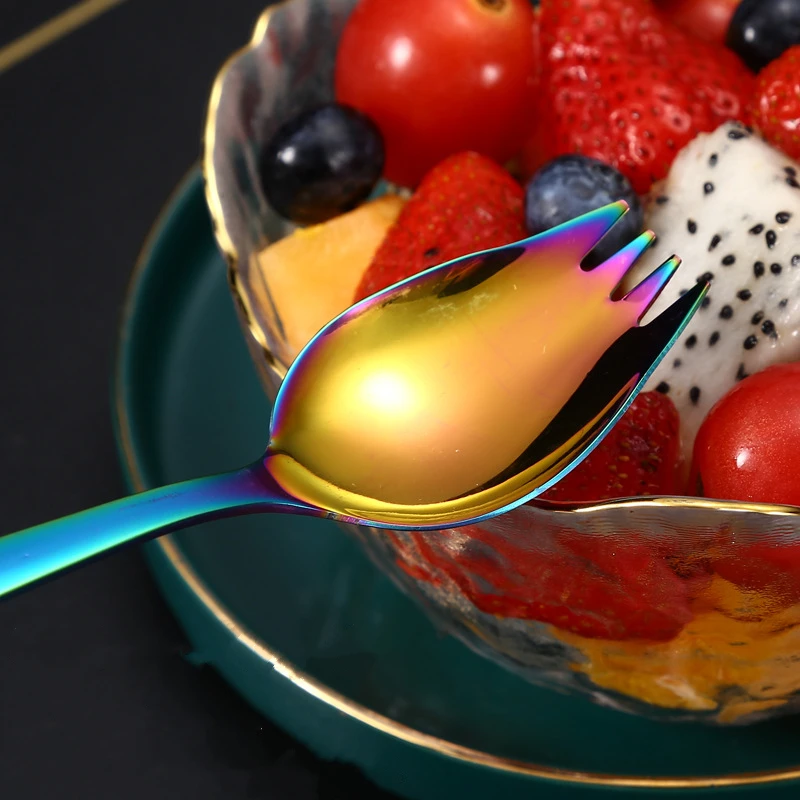 Stainless Steel Long Handle Fruit Fork Spoon Tableware Lunch Accessories for Kids Multi-Function Desserts Salad Scoop