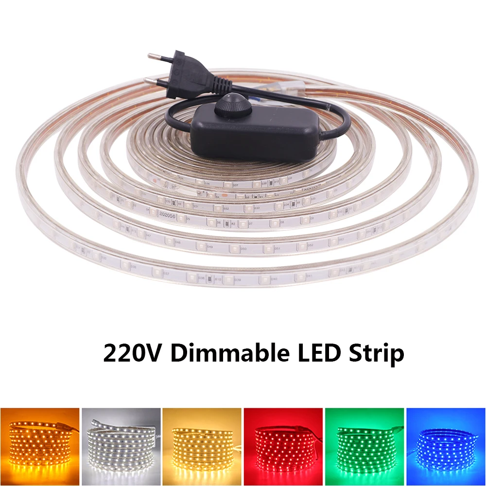 

220V LED Strip Light Dimmable Waterproof LED Tape SMD5050 60Leds/m Ribbon LED Lights Red Green Blue Rope Lamp with Manual Dimmer