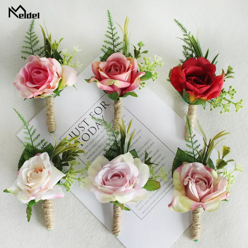 Meldel 웨딩 Boutonniere 신랑 브로치 핀 신부 손목 수술 소녀 팔찌 실크 로즈 파티 파티 웨딩 플래너 꽃