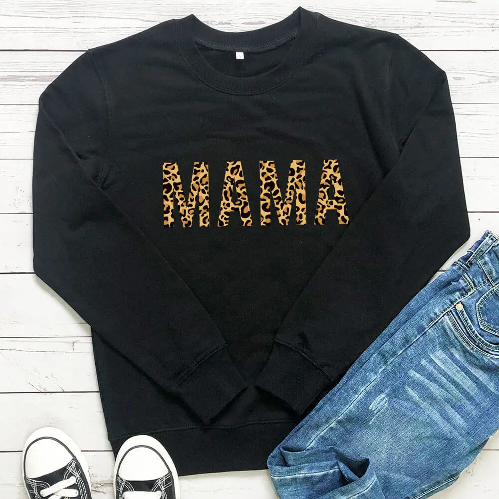 Mama Leopard 100%Cotton Printed Women Sweatshir Momlife Spring Autunm Casual O-Neck Pullovers Long Sleeve Top Gift for Mom