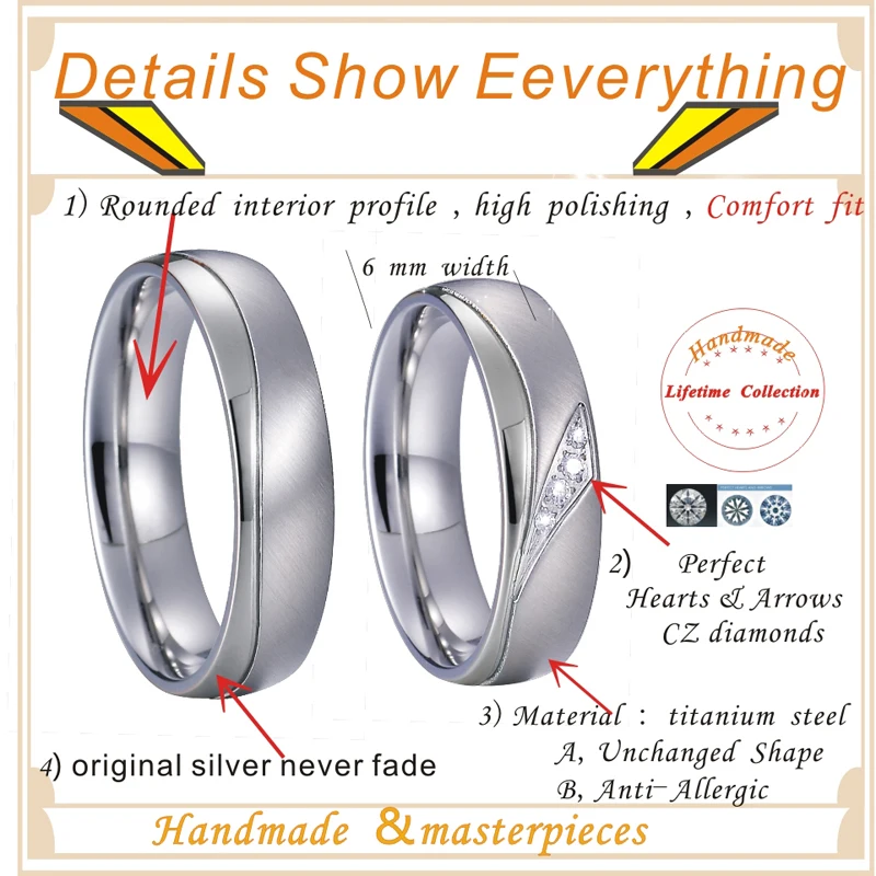 1 Pair Lover\'s Alliance Promise Proposal Wedding Rings for Couples White Gold 925 Sterling Silver Color Jewelry Marriage No Fade