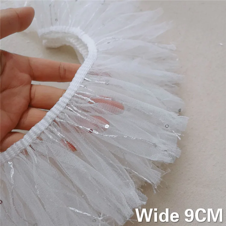 9CM Wide White Mesh Tassel Embroidered 3D Lace Fabric Glitter Sequins Fringe Trim Wedding Dress Guipure DIY Apparel Sewing Decor