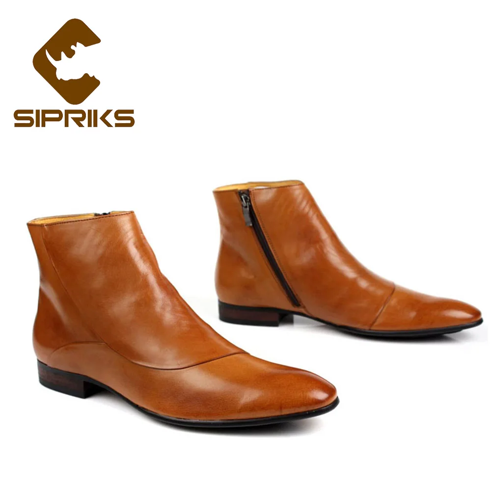 Sipriks Mens Cowboy Boots Brown Leather Zip Boots Euro Size 44 Boss Footwear Shoes Black Ankle Boots Formal Gents Suit Social