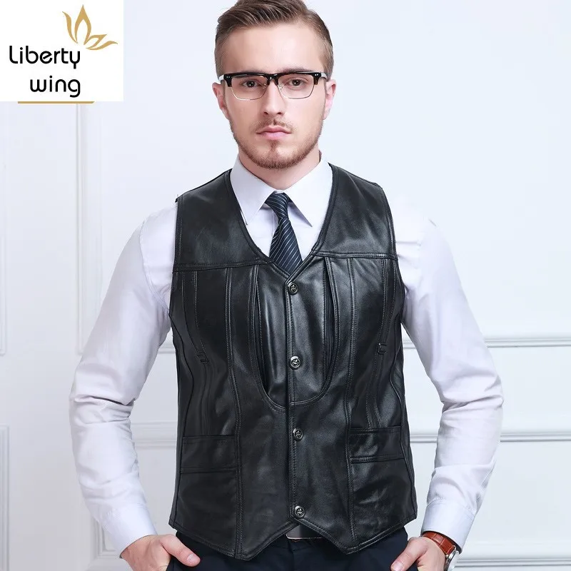 Business Men Genuine Leather Sleeveless Jacket Slim Fit Pockets Fleece Lining Pescar Vest Male Office Waistcoat Plus Size M-6XL