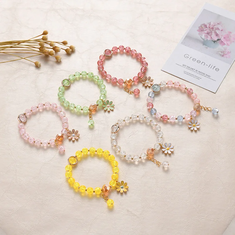 New Korean Daisy Flowers Bracelet Bohemian Colorful Crystal Beaded Bracelet Handmade Elastic Rope Women Fashion Jewelry Pulceras