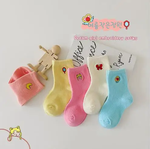 Girls socks 5Pairs/Lot 1-12Year 2022 autumn solid color cartoon embroidery bow children's tube socks image 6
