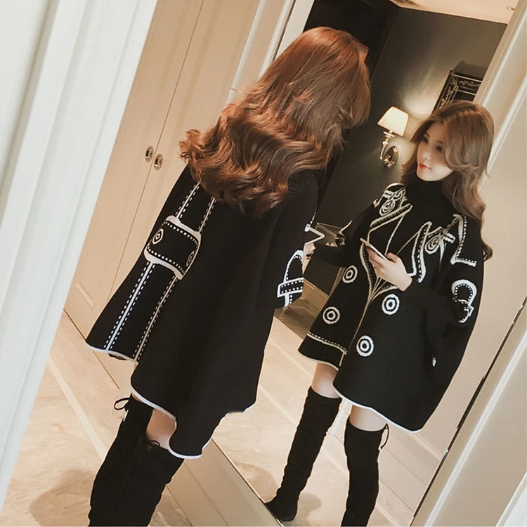 

Pattern knitted sweater women high collar pullover korean oversized batwing sleeve loose casual autumn winter clothes