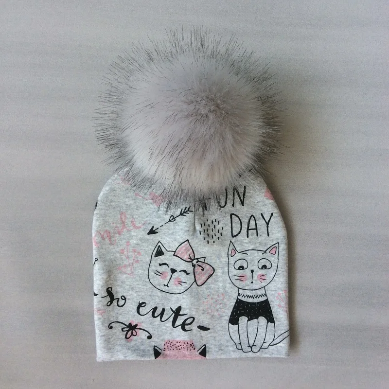 Baby Girls Hat Scarf Cotton Cartoon Printing Hat With Pompon For Girls Winter Children Cap Faux Fur Baby Hat Bonnet