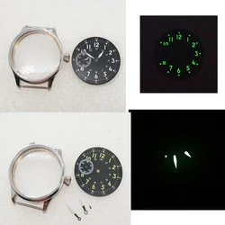 Watch Parts 43mm Watch Case+Dial+Hands green Luminous  Stainless Steel Case Fit ETA 6497 st3600 Hand Winding watch Movement