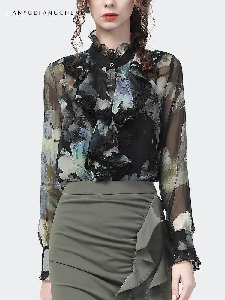 Fashion Cascading Ruffles Chiffon Floral Blouse Women Spring Summer Long Sleeve Ruffled Collar Tops Loose Casual Female  Shirts