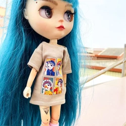 2 pcs/set of Blyth doll costume, trendy character print short T-shirt + striped socks, can be used for 1/6 doll