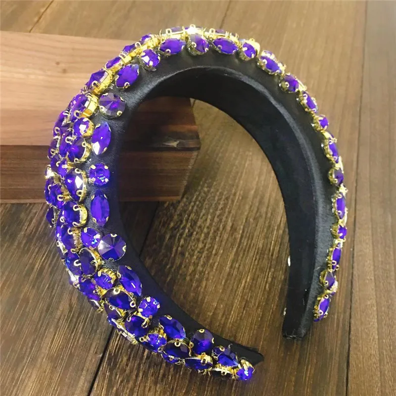 New Full Crystal Luxury Baroque Padded Headband For Women Blue Diamond Rhinestone Hairband Wide Thick Hair Hoop Girls Wholesale