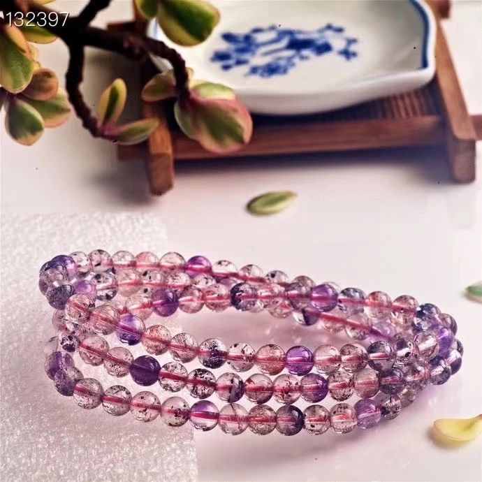 

Natural Super Seven 7 Rutilated Quartz 3 Laps Bracelet 6mm Colorful Clear Round Beads Crystal Women Men AAAAAA