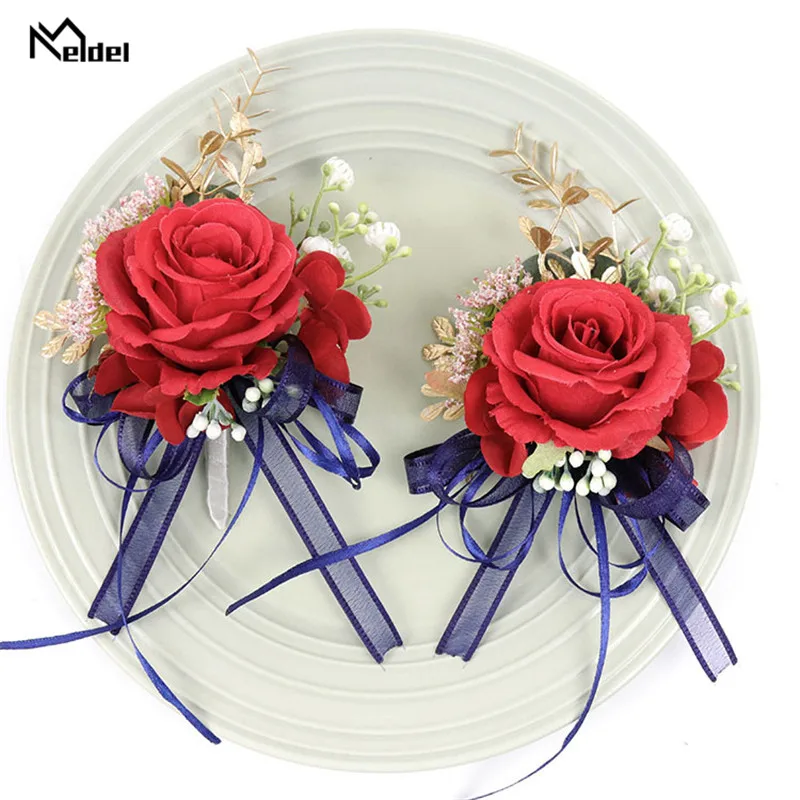 Meldel padrinhos boutonnieres noiva pulso corsage noivo boutonniere artificial rosa falso pérola cristal planejador de casamento flor