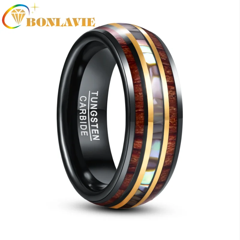 BONLAVIE 8mm Black Gold Inlaid Wood Grain Abalone Shell Tungsten Carbide Men's Ring Fashion Wedding Jewelry