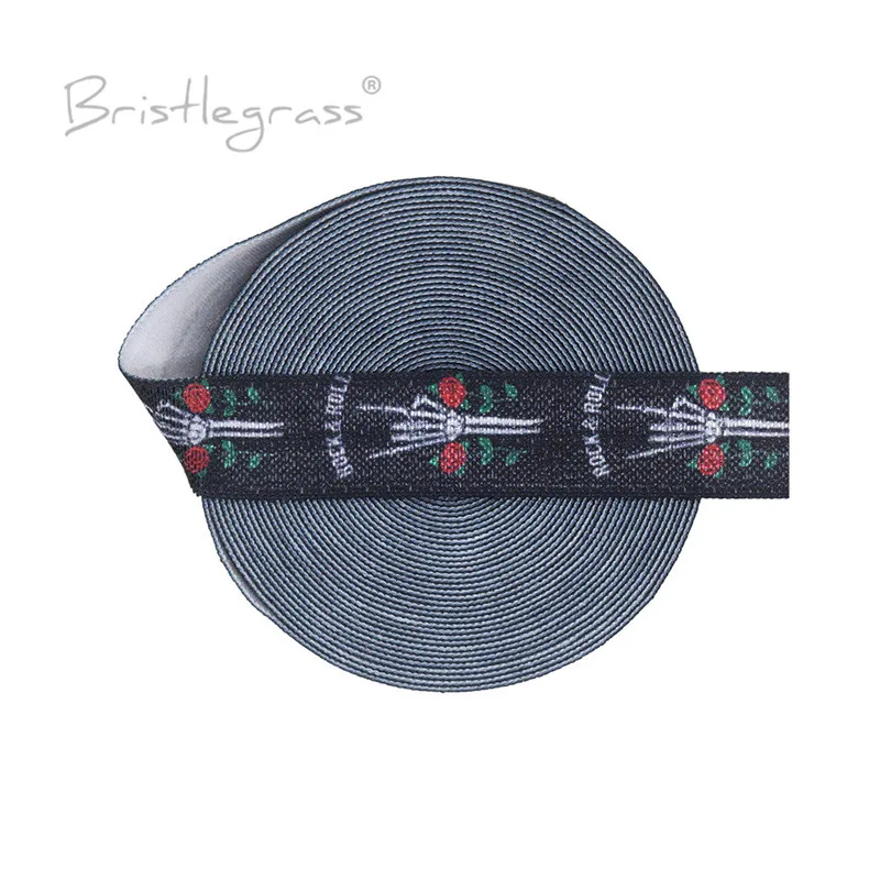 BRISTLEGRASS 2 5 Sân 5/8 "15Mm Đá Đầu Lâu In Hoa Hồng Gấp Gọn Trên Thun Kẻ Thù Thun Satin Dây Tóc dây Buộc Đầu DIY May Viền