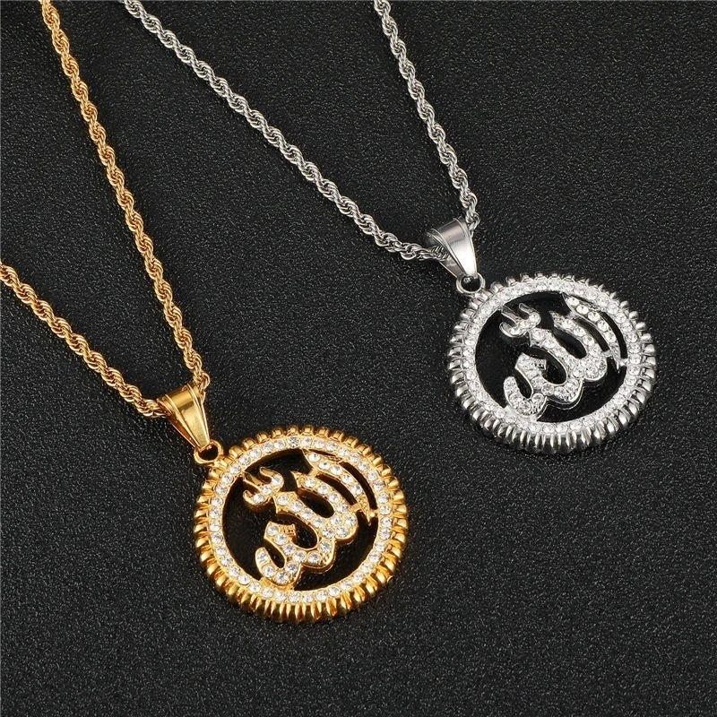 New Trendy Islam Muslim Religious Round Pendant for Men Fashion Sliding Metal Hanging Necklace Accessories Party Jewelry