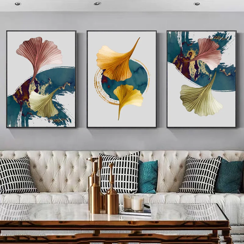 Ginkgo Biloba Blue Gold Yellow Abstract Poster Nordic Canvas Print Plant Leaf Wall Art Painting Modern Picture for Room Decor