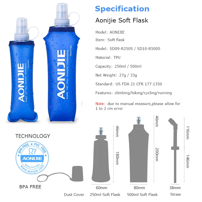 AONIJIE Sports BPA Free Collapsible Folding Soft Flask Water Bag Water Bottle Cup Kettle Hydration Pack Bladder Water Reservoir