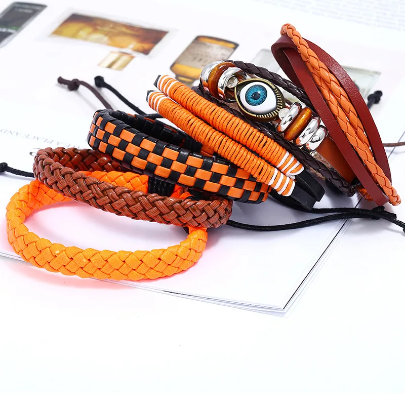 Classic Dropshipping Devil\'s Eye Orange Leather Strap Vintage Bracelet for Men Women Gift DIY Handmade Briaded Punk Bracelet Set