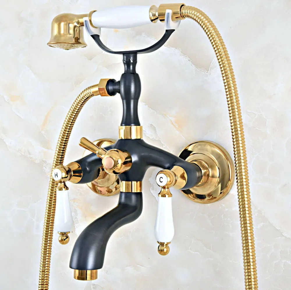 

Black Gold Color Brass Wall Mount Bathtub Faucet Dual Handles Swivel Spout Mixer Tap with Hand Sprayer zna446