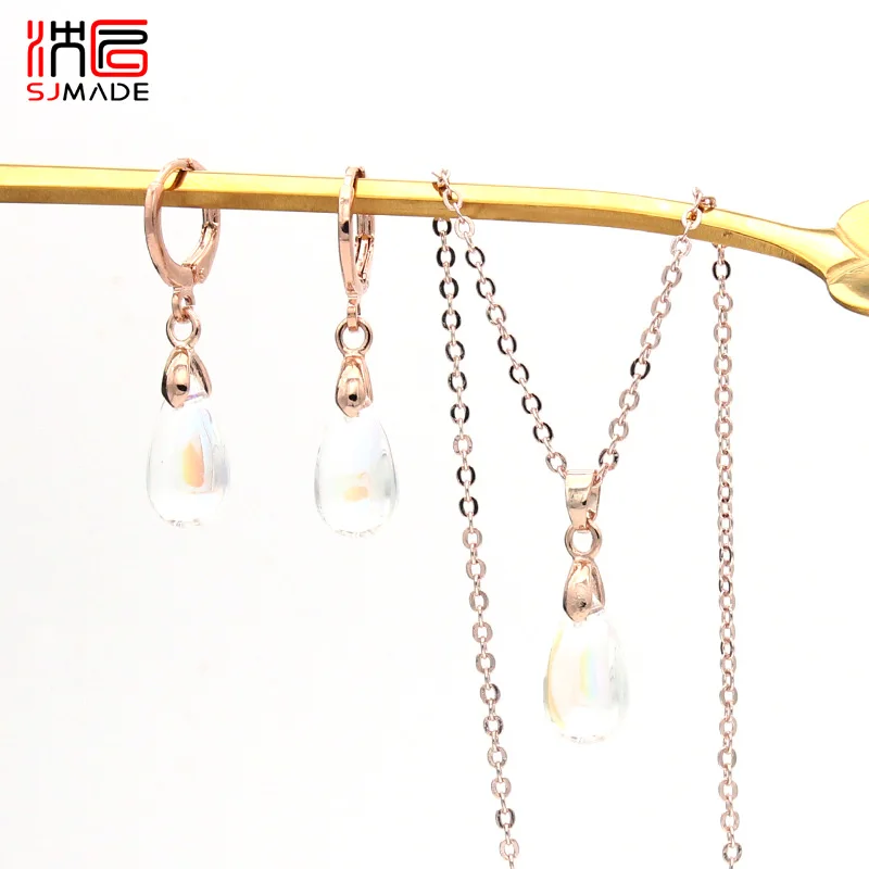SHENJIANG New Colorful Glass Water Drop Dangle Earrings Pendant Necklace Jewelry Sets For Women Party