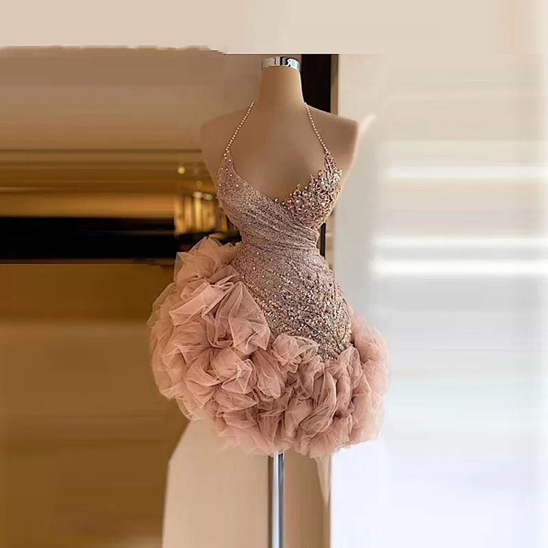 Dusty Pink Mini Cocktail Party Dresses Ruffles Sequins  Short  Prom Gowns Halter Sexy Back  Formal Celebrity Vestido De Festa