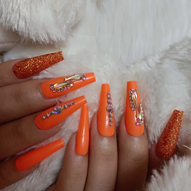 24pcs New design luxury jewelry press on nails long ballet coffin fake nails crystal diamond orange