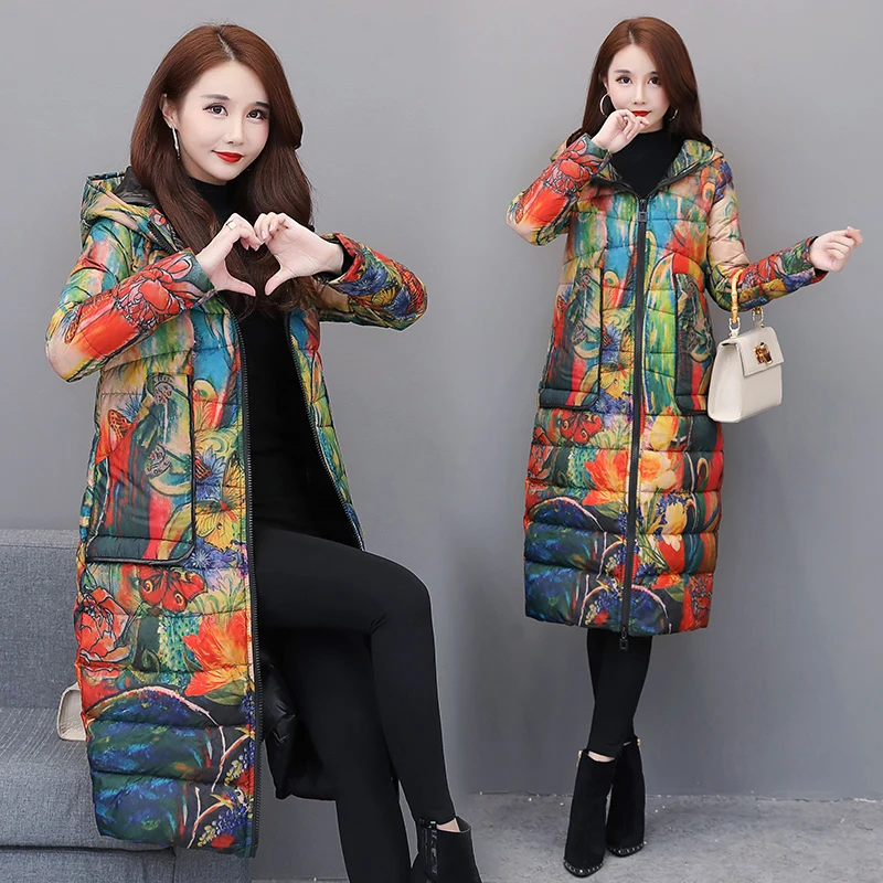 Fashion 6XL Women's Down Jacket Winter Coat Female Clothes 2019 Long Floral Down Parka Hooded Ladies Overcoat Hiver 1858